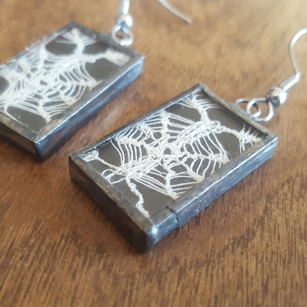 CROCHETED SPIDER WEB EARRINGS -   ENCASED - UNIQUE - HALLOWEEN